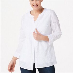 NWT Denim & Co. QVC Eyelet Button Front Shirt White Eyelet 2X Plus